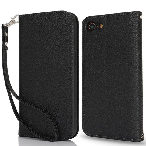 Stand Case for iPhone SE (2022) / (2020) / 8 / 7 Litchi Texture Leather Flip Phone Cover with Strap / Wallet