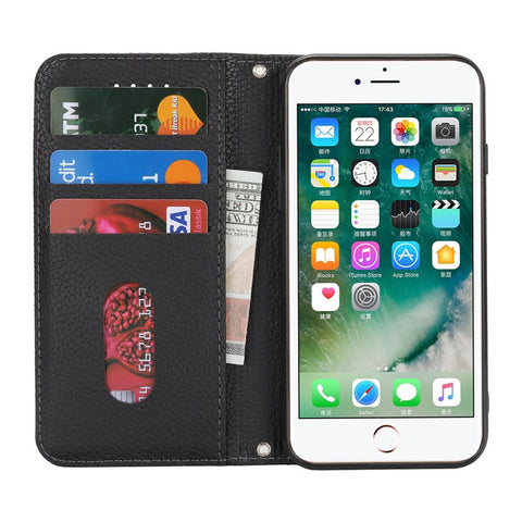 Stand Case for iPhone SE (2022) / (2020) / 8 / 7 Litchi Texture Leather Flip Phone Cover with Strap / Wallet