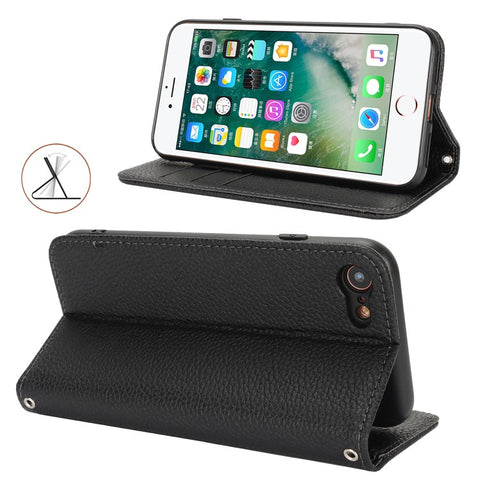 Stand Case for iPhone SE (2022) / (2020) / 8 / 7 Litchi Texture Leather Flip Phone Cover with Strap / Wallet