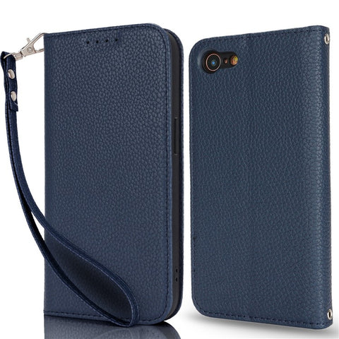 Stand Case for iPhone SE (2022) / (2020) / 8 / 7 Litchi Texture Leather Flip Phone Cover with Strap / Wallet