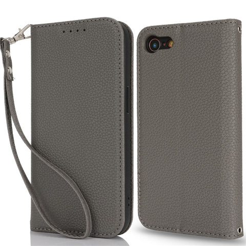 Stand Case for iPhone SE (2022) / (2020) / 8 / 7 Litchi Texture Leather Flip Phone Cover with Strap / Wallet