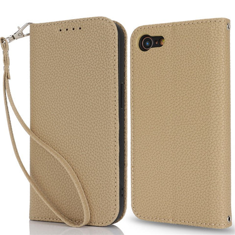Stand Case for iPhone SE (2022) / (2020) / 8 / 7 Litchi Texture Leather Flip Phone Cover with Strap / Wallet