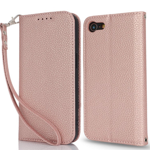 Stand Case for iPhone SE (2022) / (2020) / 8 / 7 Litchi Texture Leather Flip Phone Cover with Strap / Wallet