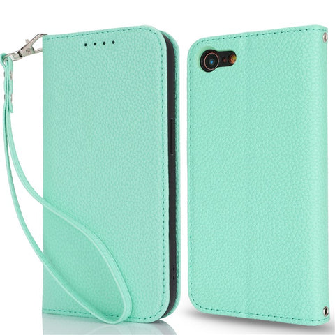 Stand Case for iPhone SE (2022) / (2020) / 8 / 7 Litchi Texture Leather Flip Phone Cover with Strap / Wallet