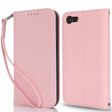 Stand Case for iPhone SE (2022) / (2020) / 8 / 7 Litchi Texture Leather Flip Phone Cover with Strap / Wallet
