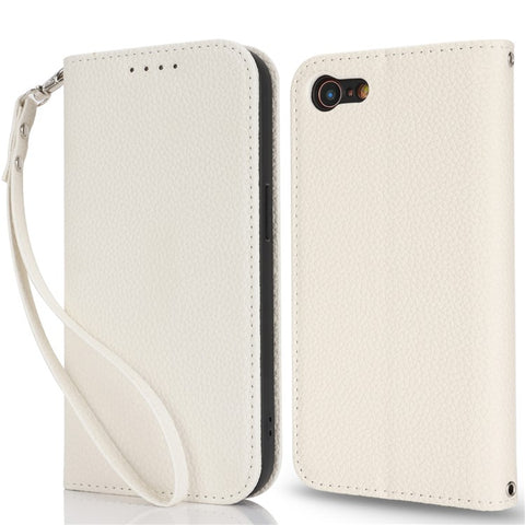 Stand Case for iPhone SE (2022) / (2020) / 8 / 7 Litchi Texture Leather Flip Phone Cover with Strap / Wallet