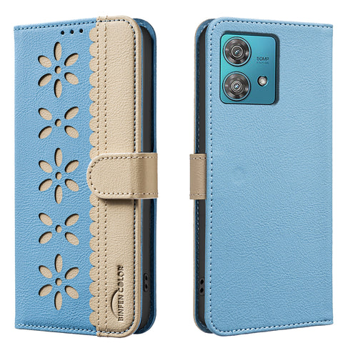 BINFEN COLOR For Motorola Edge 40 Neo 5G Leather Case  BF36 Floral Pattern Phone Cover RFID Blocking Wallet Stand