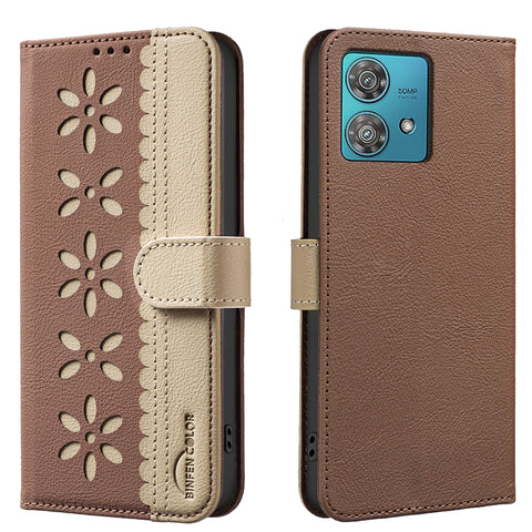 BINFEN COLOR For Motorola Edge 40 Neo 5G Leather Case  BF36 Floral Pattern Phone Cover RFID Blocking Wallet Stand