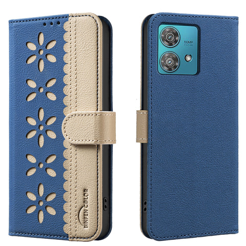 BINFEN COLOR For Motorola Edge 40 Neo 5G Leather Case  BF36 Floral Pattern Phone Cover RFID Blocking Wallet Stand