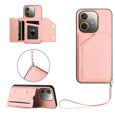 For Oppo A5 Pro 4G (Global) / Oppo A5 Pro 5G (Global) Case Card Holder Kickstand Skin-Touch Phone Cover with Wrist Strap