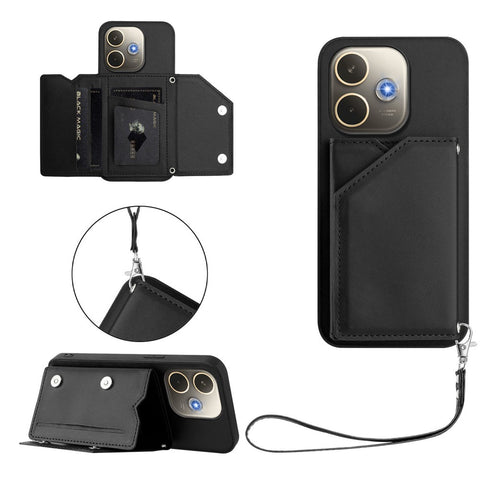 For Oppo A5 Pro 4G (Global) / Oppo A5 Pro 5G (Global) Case Card Holder Kickstand Skin-Touch Phone Cover with Wrist Strap
