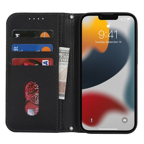 Stand Case for iPhone 13 Pro Max / 12 Pro Max Litchi Texture Leather Flip Phone Cover with Strap  /  Wallet