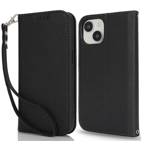 Stand Case for iPhone 15 Plus / 14 Plus Litchi Texture Leather Flip Phone Cover with Strap  /  Wallet