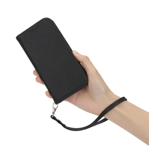 Stand Case for iPhone 15 Plus / 14 Plus Litchi Texture Leather Flip Phone Cover with Strap  /  Wallet