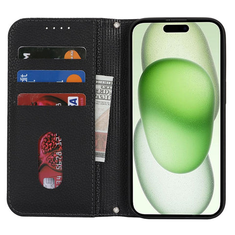 Stand Case for iPhone 15 Plus / 14 Plus Litchi Texture Leather Flip Phone Cover with Strap  /  Wallet