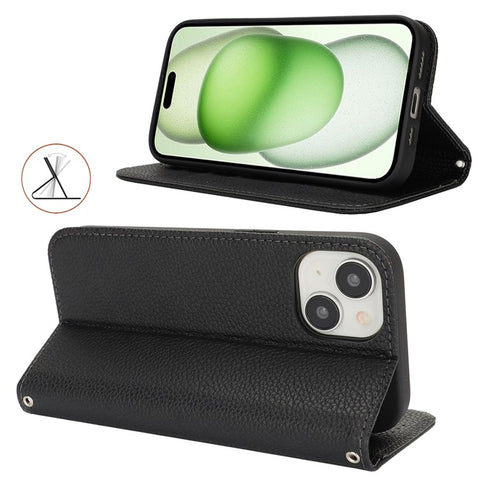 Stand Case for iPhone 15 Plus / 14 Plus Litchi Texture Leather Flip Phone Cover with Strap  /  Wallet
