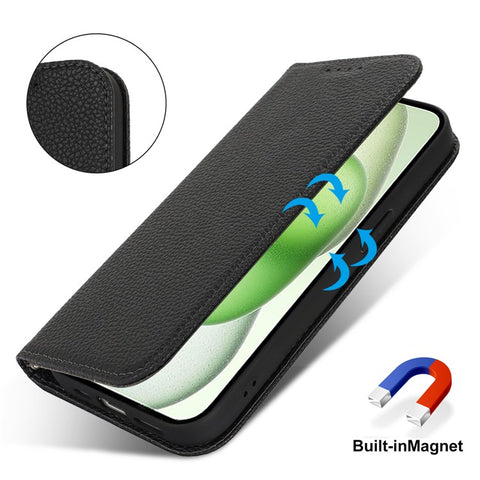Stand Case for iPhone 15 Plus / 14 Plus Litchi Texture Leather Flip Phone Cover with Strap  /  Wallet