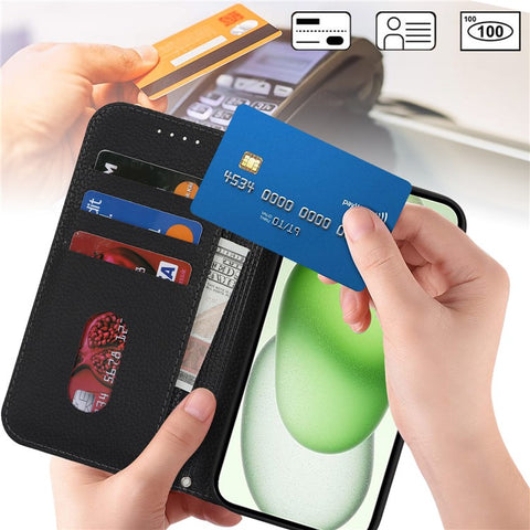 Stand Case for iPhone 15 Plus / 14 Plus Litchi Texture Leather Flip Phone Cover with Strap  /  Wallet