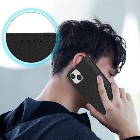 Stand Case for iPhone 15 Plus / 14 Plus Litchi Texture Leather Flip Phone Cover with Strap  /  Wallet