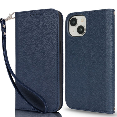 Stand Case for iPhone 15 Plus / 14 Plus Litchi Texture Leather Flip Phone Cover with Strap  /  Wallet