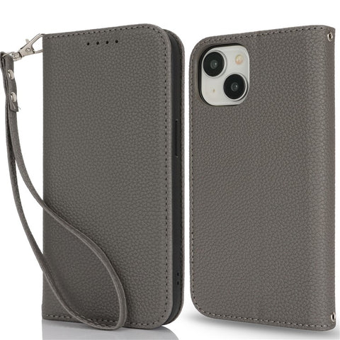 Stand Case for iPhone 15 Plus / 14 Plus Litchi Texture Leather Flip Phone Cover with Strap  /  Wallet