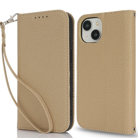 Stand Case for iPhone 15 Plus / 14 Plus Litchi Texture Leather Flip Phone Cover with Strap  /  Wallet
