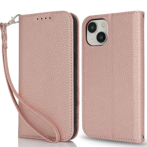 Stand Case for iPhone 15 Plus / 14 Plus Litchi Texture Leather Flip Phone Cover with Strap  /  Wallet