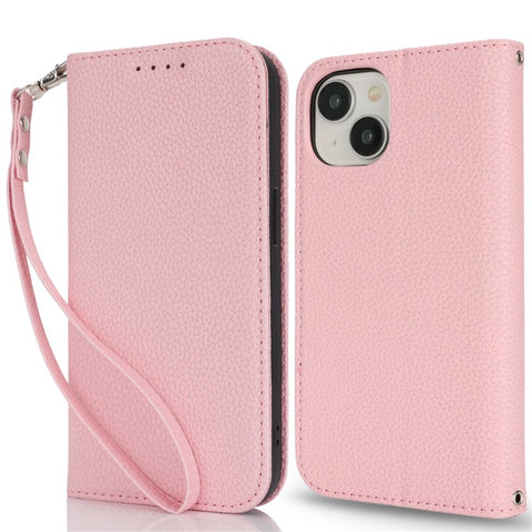 Stand Case for iPhone 15 Plus / 14 Plus Litchi Texture Leather Flip Phone Cover with Strap  /  Wallet