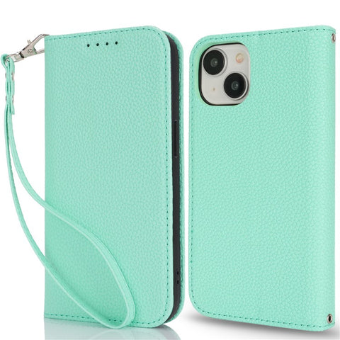 Stand Case for iPhone 15 Plus / 14 Plus Litchi Texture Leather Flip Phone Cover with Strap  /  Wallet