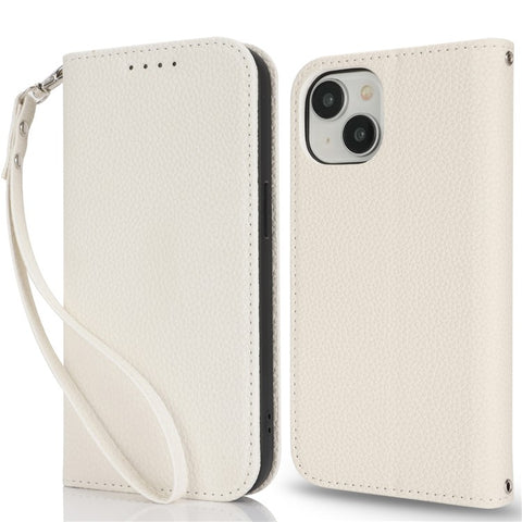 Stand Case for iPhone 15 Plus / 14 Plus Litchi Texture Leather Flip Phone Cover with Strap  /  Wallet