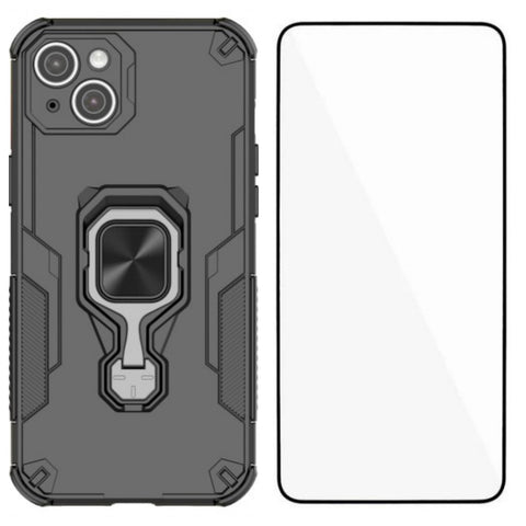 WANLONFENG For iPhone 14 Plus Phone Case  PC TPU Back Cover Kickstand with Tempered Glass