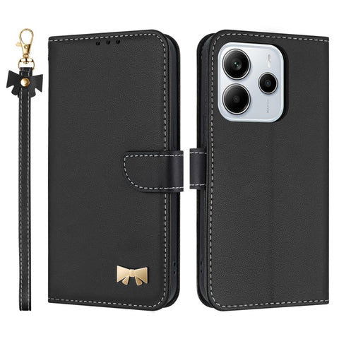 For Xiaomi Redmi Note 14 4G (163.25mm) Case Bowknot Decor Wallet Leather Phone Cover with Wrist Strap