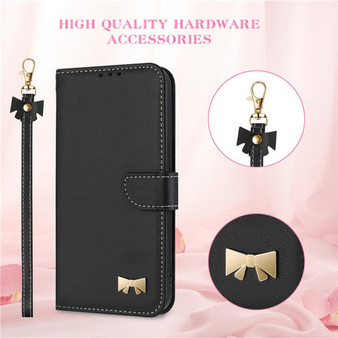 For Xiaomi Redmi Note 14 4G (163.25mm) Case Bowknot Decor Wallet Leather Phone Cover with Wrist Strap