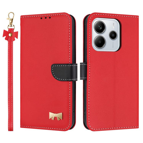 For Xiaomi Redmi Note 14 4G (163.25mm) Case Bowknot Decor Wallet Leather Phone Cover with Wrist Strap