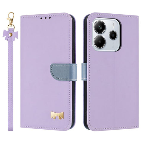 For Xiaomi Redmi Note 14 4G (163.25mm) Case Bowknot Decor Wallet Leather Phone Cover with Wrist Strap
