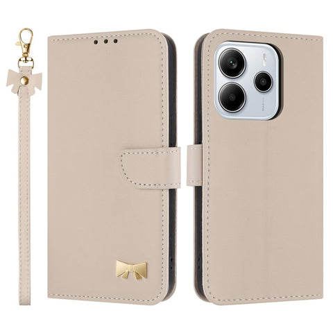 For Xiaomi Redmi Note 14 4G (163.25mm) Case Bowknot Decor Wallet Leather Phone Cover with Wrist Strap