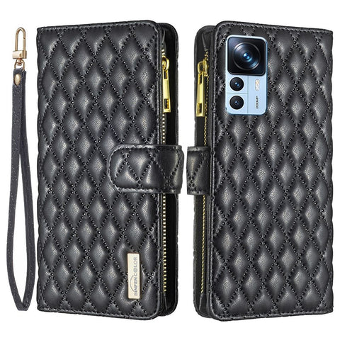 BINFEN COLOR BF Style-15 Phone Case for Xiaomi 12T 5G / Redmi K50 Ultra 5G / 12T Pro 5G Shockproof Stand Imprinted Rhombus Pattern Zipper Pocket Leather Wallet Cover