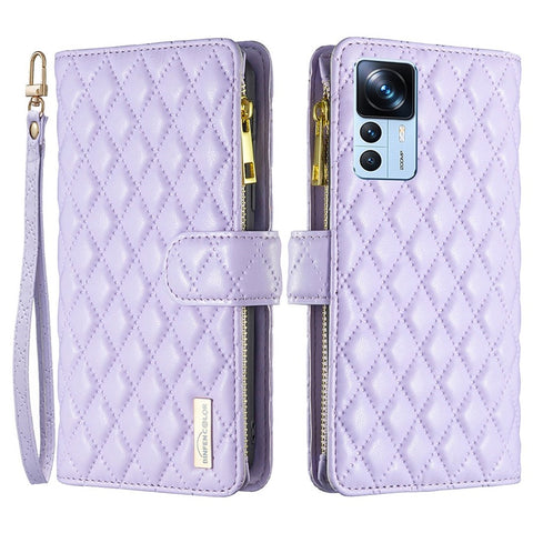 BINFEN COLOR BF Style-15 Phone Case for Xiaomi 12T 5G / Redmi K50 Ultra 5G / 12T Pro 5G Shockproof Stand Imprinted Rhombus Pattern Zipper Pocket Leather Wallet Cover