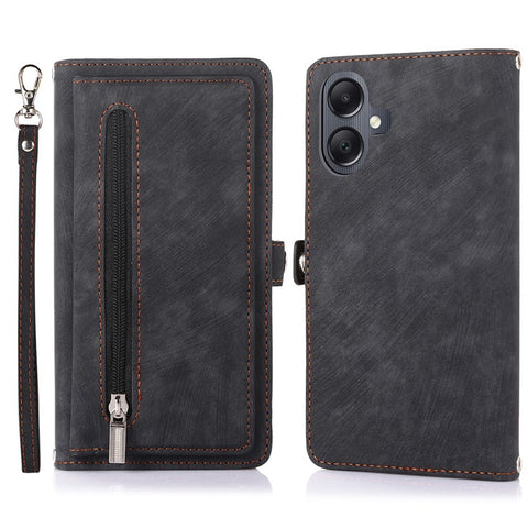 For Samsung Galaxy  A06 4G / 5G Case Zipper Pocket 9 Card Slots PU Leather Phone Cover with Wrist Strap