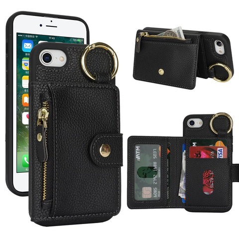 For iPhone SE (2022) / (2020) / 8 / 7 Case Litchi Textured PU Leather + TPU Kickstand Phone Cover with Card Slot