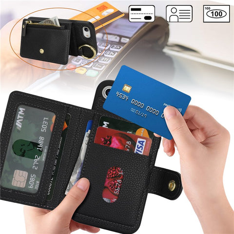 For iPhone SE (2022) / (2020) / 8 / 7 Case Litchi Textured PU Leather + TPU Kickstand Phone Cover with Card Slot