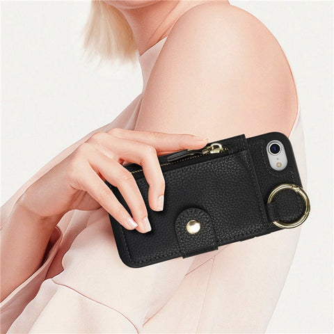 For iPhone SE (2022) / (2020) / 8 / 7 Case Litchi Textured PU Leather + TPU Kickstand Phone Cover with Card Slot