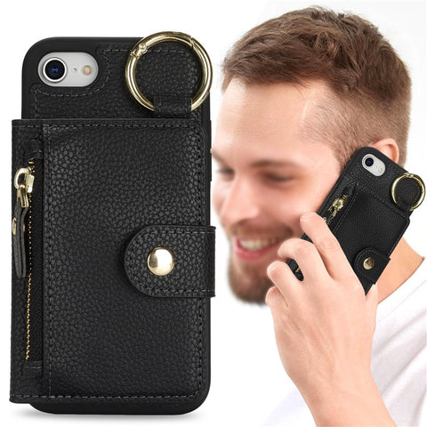 For iPhone SE (2022) / (2020) / 8 / 7 Case Litchi Textured PU Leather + TPU Kickstand Phone Cover with Card Slot