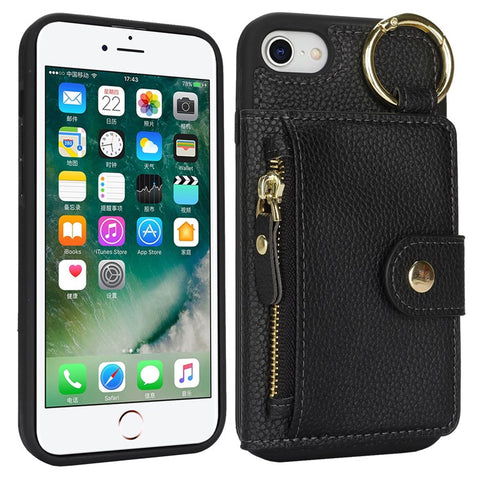 For iPhone SE (2022) / (2020) / 8 / 7 Case Litchi Textured PU Leather + TPU Kickstand Phone Cover with Card Slot
