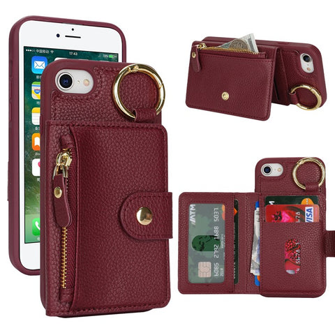 For iPhone SE (2022) / (2020) / 8 / 7 Case Litchi Textured PU Leather + TPU Kickstand Phone Cover with Card Slot