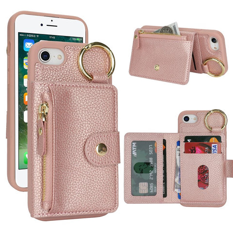 For iPhone SE (2022) / (2020) / 8 / 7 Case Litchi Textured PU Leather + TPU Kickstand Phone Cover with Card Slot