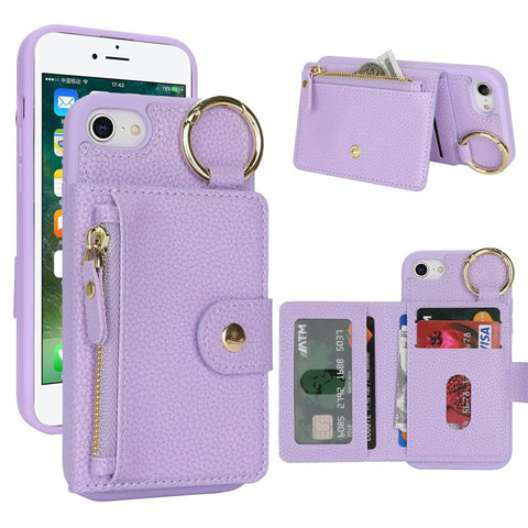 For iPhone SE (2022) / (2020) / 8 / 7 Case Litchi Textured PU Leather + TPU Kickstand Phone Cover with Card Slot