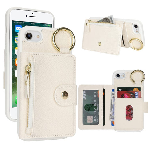 For iPhone SE (2022) / (2020) / 8 / 7 Case Litchi Textured PU Leather + TPU Kickstand Phone Cover with Card Slot