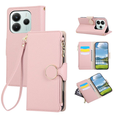 For Xiaomi Redmi Note 14 4G (163.25mm) Case Zipper Wallet Leather Phone Cover with Wrist Strap
