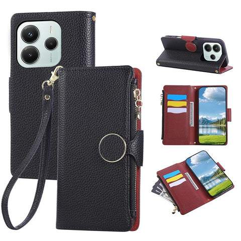 For Xiaomi Redmi Note 14 4G (163.25mm) Case Zipper Wallet Leather Phone Cover with Wrist Strap